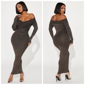 Fashion Nova Mackensie Ribbed Off-Shoulder Sweater Maxi Dress Brown Combo | XS